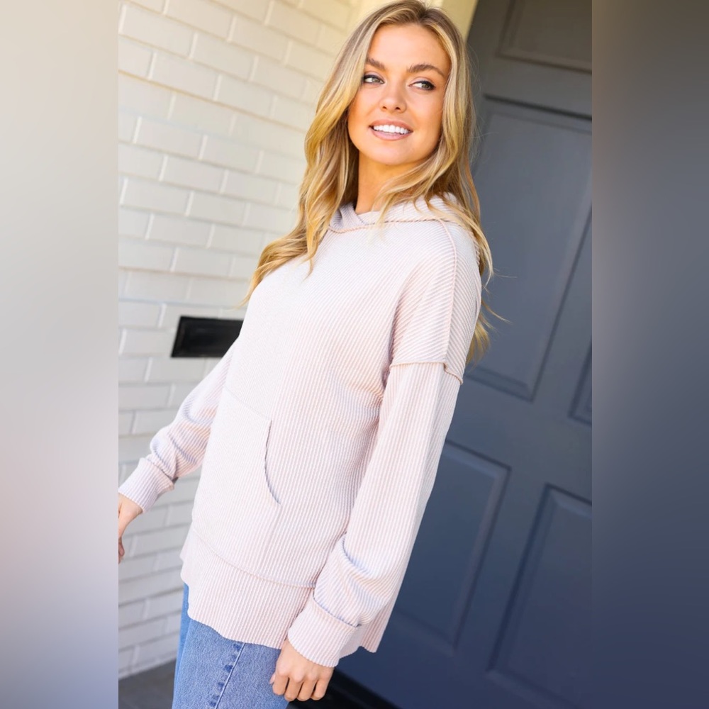 Reg. & Plus Size Casual Ivory Mineral Washed Ribbed Knit Lightweight Hoodie - Picture 7 of 14